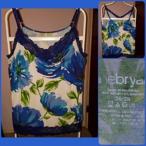 Floral print lace trim tank top.